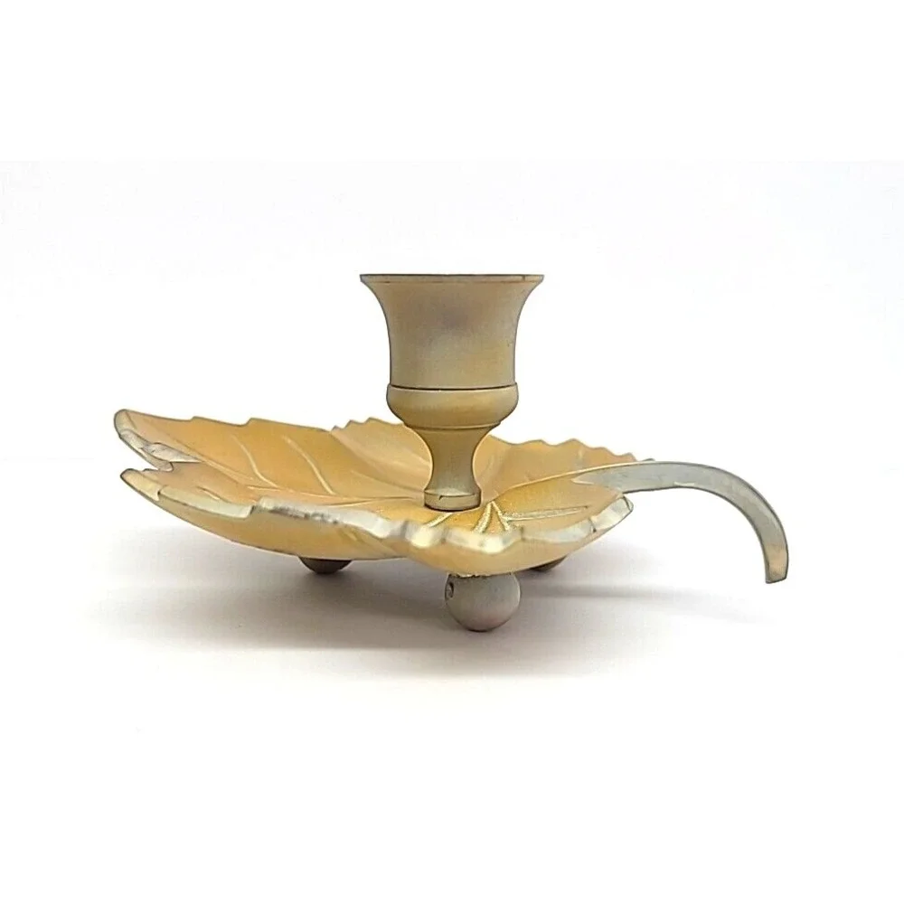 Tan Painted Brass Maple Leaf Single Candlestick Holder 5.5